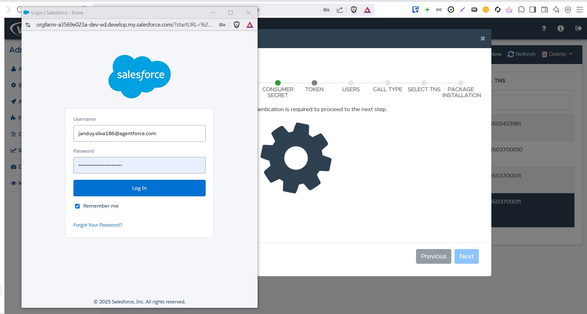 Salesforce authorization popup