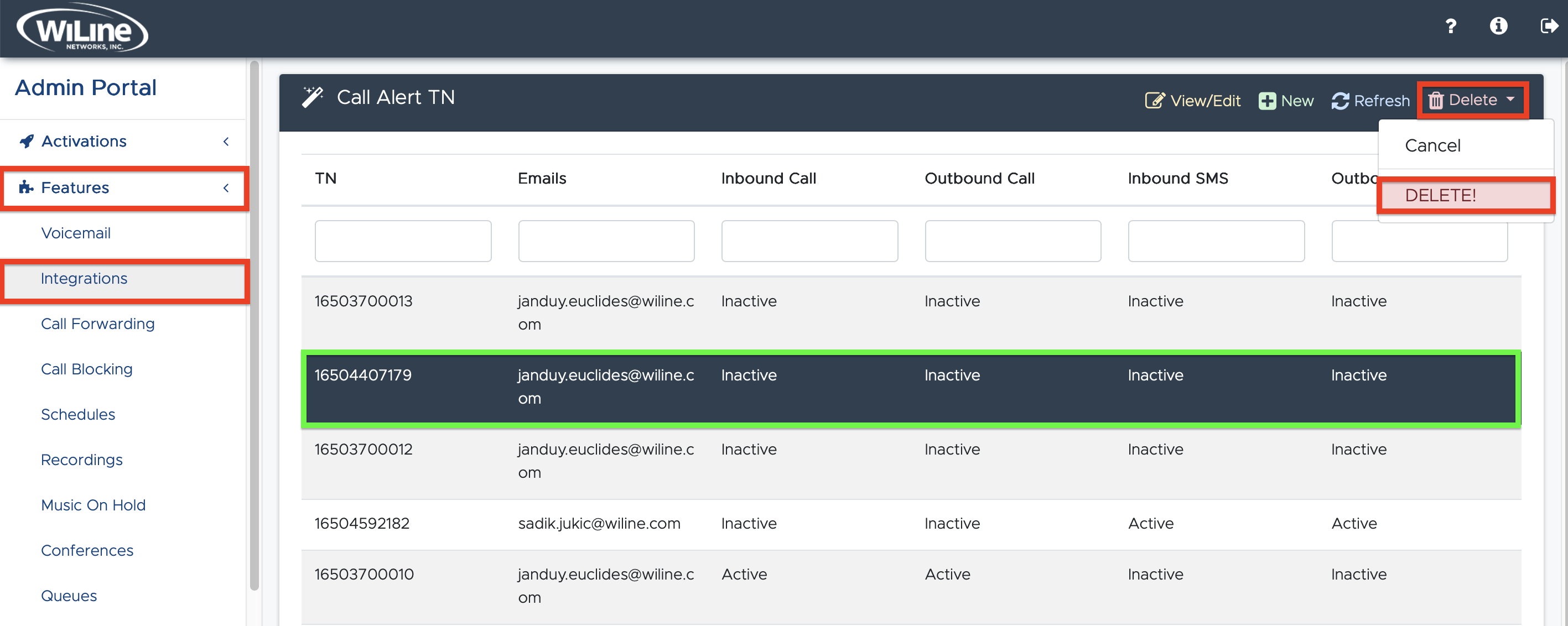 Delete Call Alert Integration